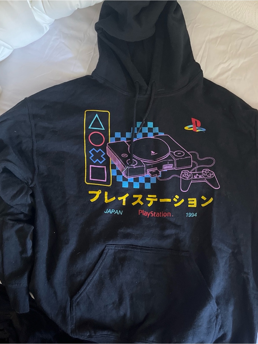 Sony Black Hoodie with Neon Retro PlayStation Console Graphic